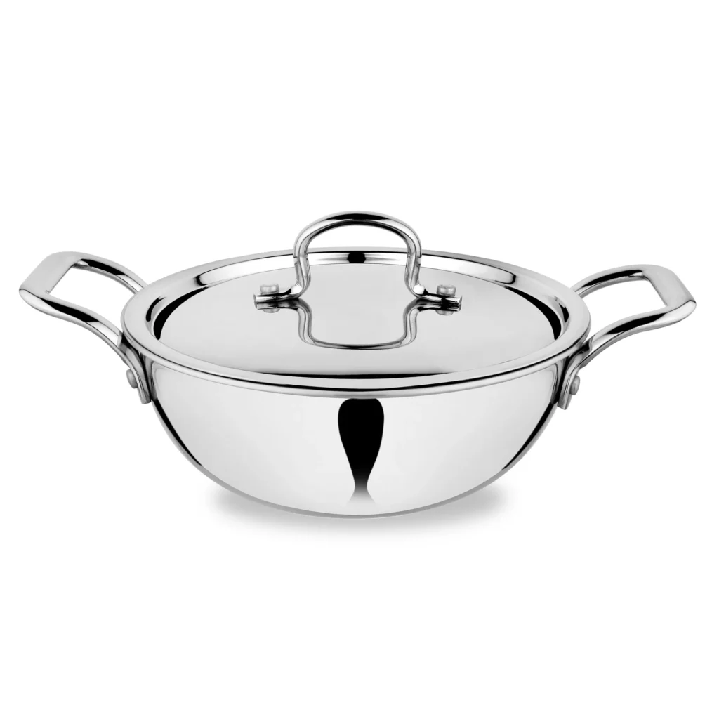 PEBIRDS Tri-ply Stainless Steel Kadai+ Steel Lid, Premium Quality, 3 Layer Thick Body, 100% Toxin-free, Non-stick, Induction & Gas | Available in 1.5L – 5.5L